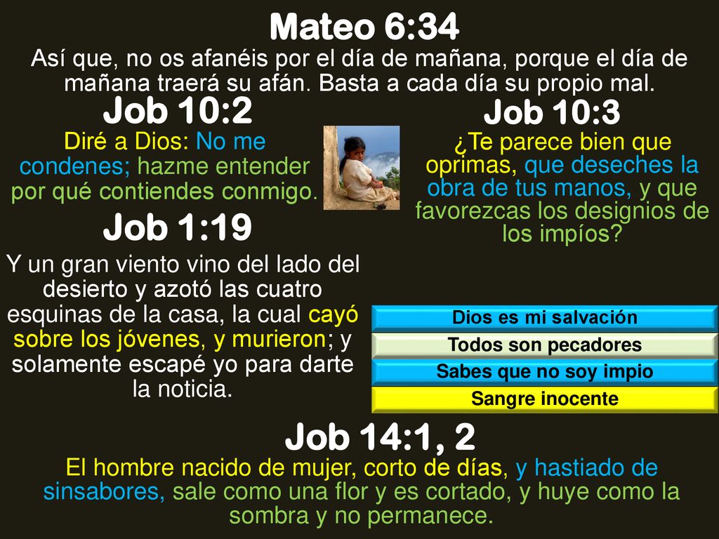 Mateo 6:34 Job 10:2 Job 1:19 Job 14:1, 2 Job 10:3