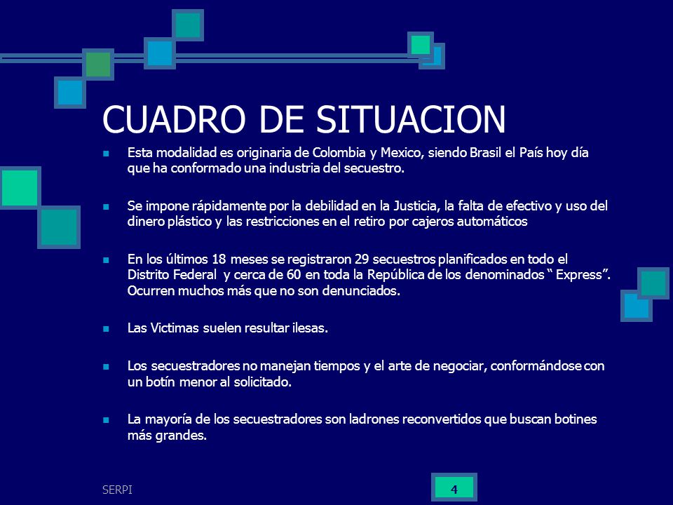 CUADRO DE SITUACION Esta modalidad es originaria de Colombia y Mexico, siendo Brasil el País hoy día que ha conformado una industria del secuestro.