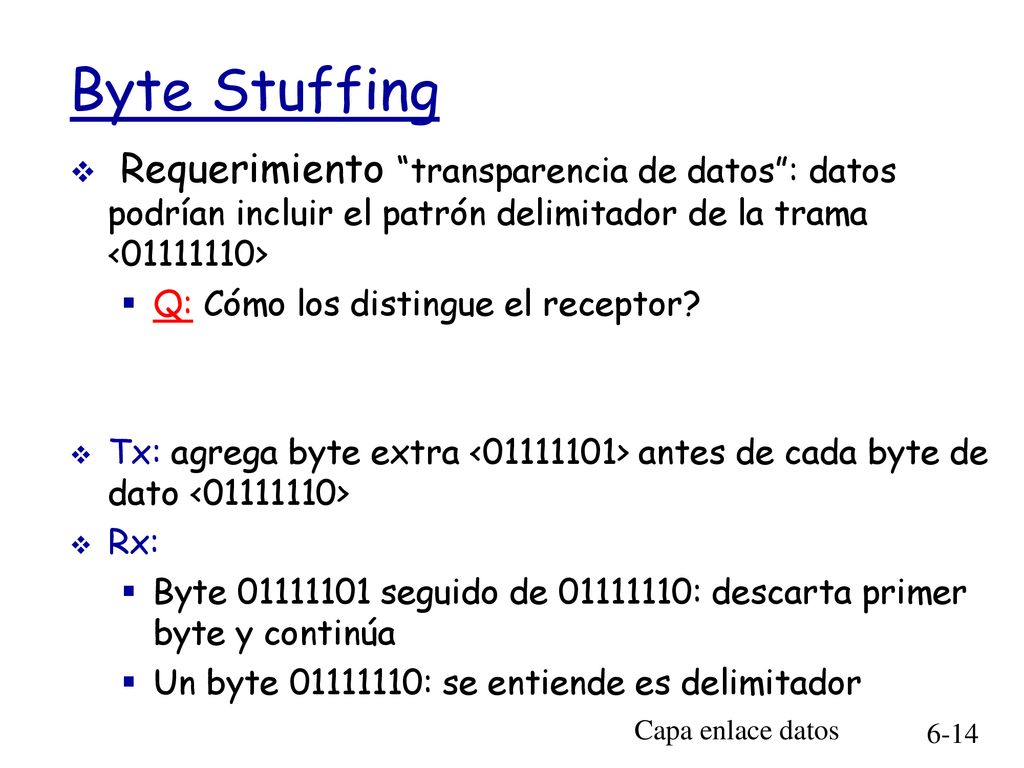 Byte Stuffing Requerimiento transparencia de datos : datos podrían incluir el patrón delimitador de la trama < >
