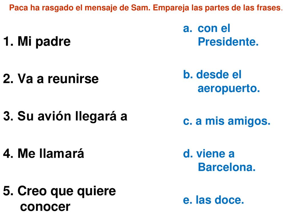 Paca ha rasgado el mensaje de Sam. Empareja las partes de las frases.