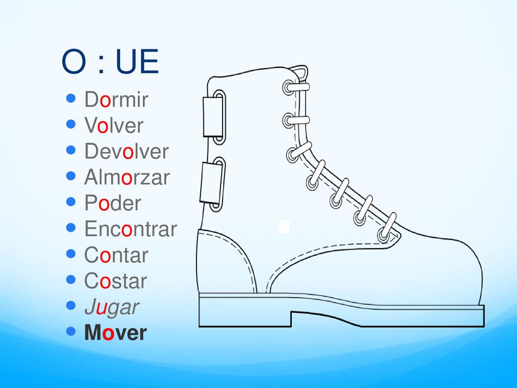 O : UE Dormir Volver Devolver Almorzar Poder Encontrar Contar Costar