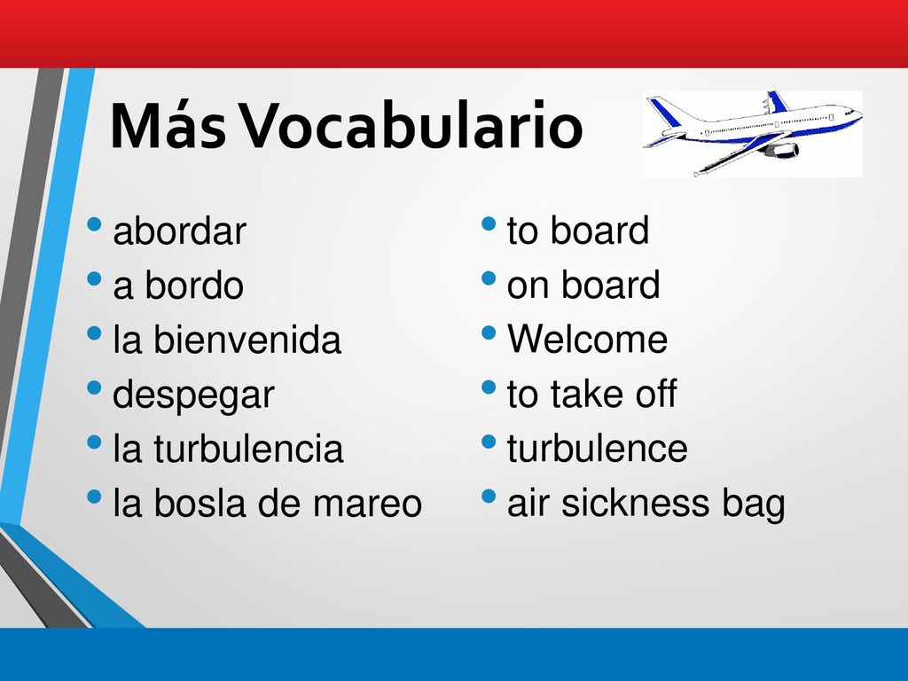 Más Vocabulario to board abordar on board a bordo Welcome