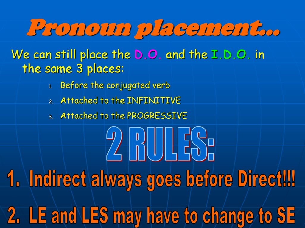 Pronoun placement… 2 RULES: 1. Indirect always goes before Direct!!!