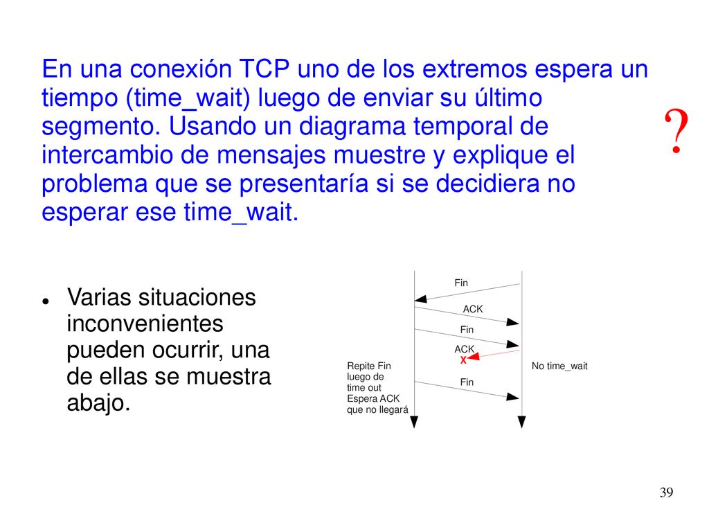 En una conexión TCP uno de los extremos espera un tiempo (time_wait) luego de enviar su último segmento. Usando un diagrama temporal de intercambio de mensajes muestre y explique el problema que se presentaría si se decidiera no esperar ese time_wait.