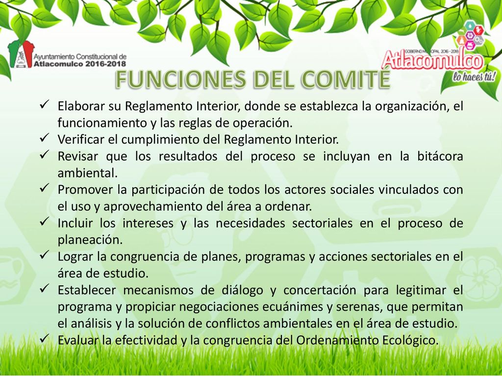 FUNCIONES DEL COMITÉ Elaborar su Reglamento Interior, donde se establezca la organización, el funcionamiento y las reglas de operación.
