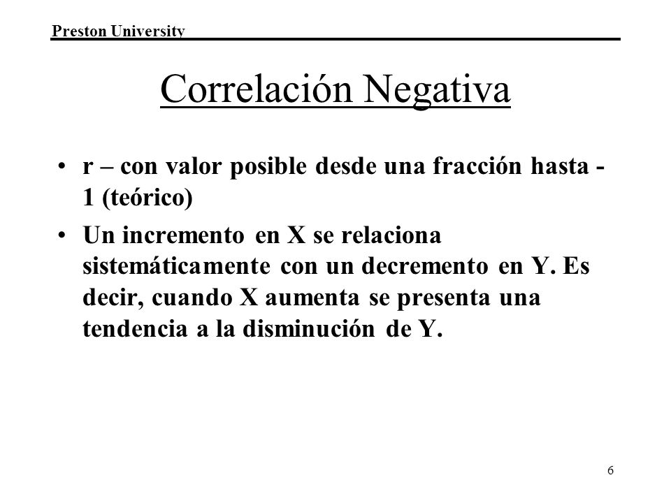 Correlación Negativa r – con valor posible desde una fracción hasta - 1 (teórico)