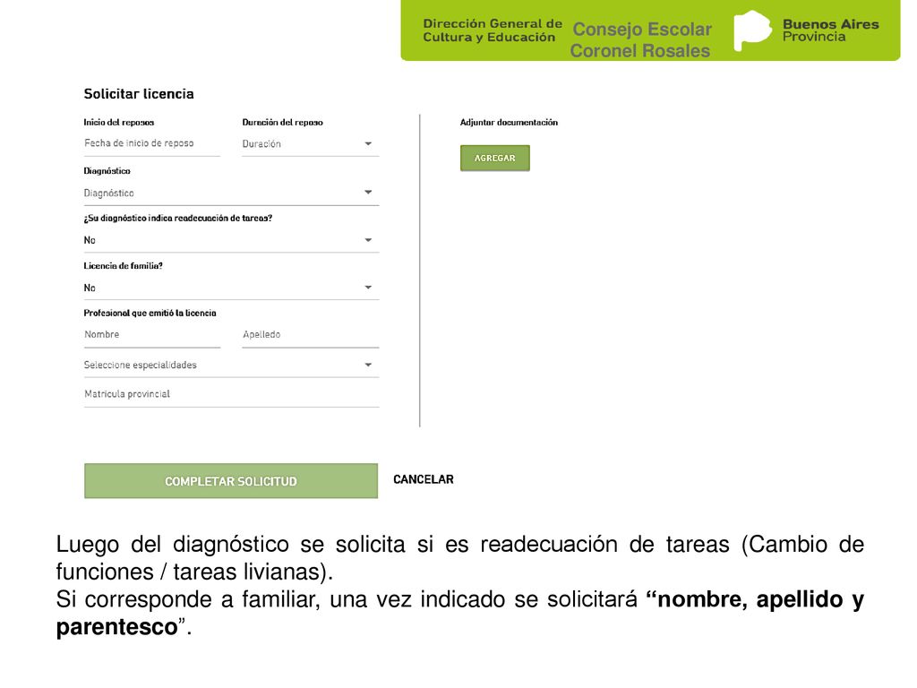 Consejo Escolar Coronel Rosales. Luego del diagnóstico se solicita si es readecuación de tareas (Cambio de funciones / tareas livianas).