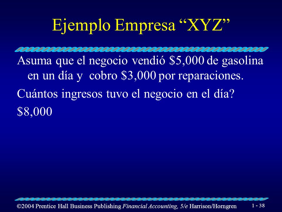 Ejemplo Empresa XYZ Asuma que el negocio vendió $5,000 de gasolina en un día y cobro $3,000 por reparaciones.