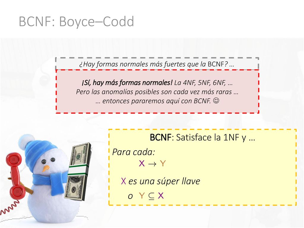 BCNF: Boyce–Codd BCNF: Satisface la 1NF y … Para cada: