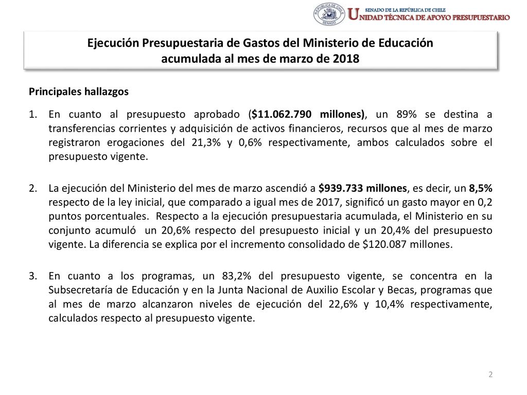 Ejecución Presupuestaria de Gastos del Ministerio de Educación acumulada al mes de marzo de 2018