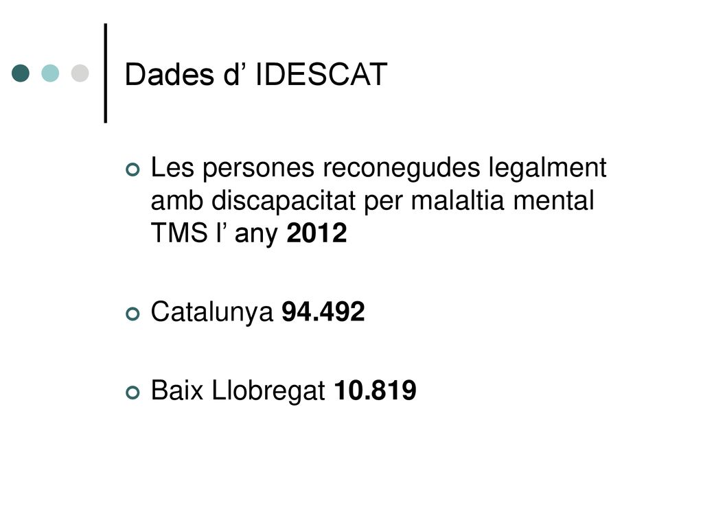 Dades d’ IDESCAT Les persones reconegudes legalment amb discapacitat per malaltia mental TMS l’ any