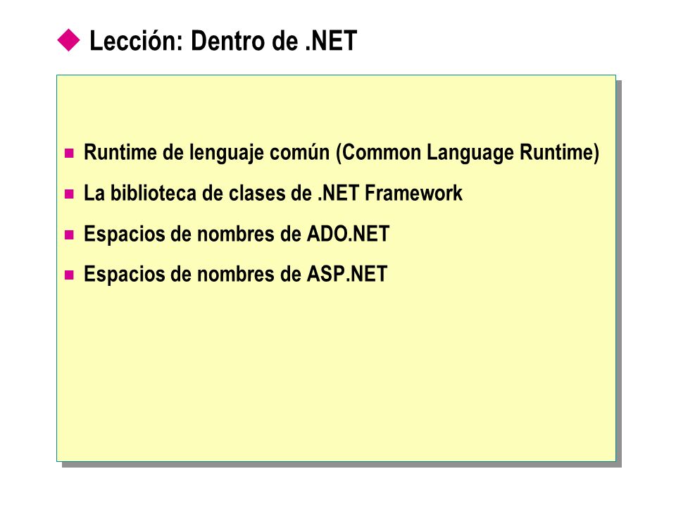 Lección: Dentro de .NET Runtime de lenguaje común (Common Language Runtime) La biblioteca de clases de .NET Framework.