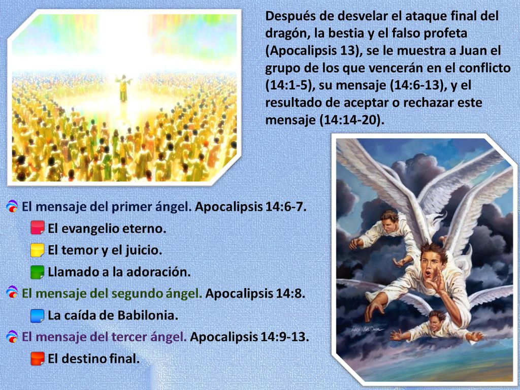 Después de desvelar el ataque final del dragón, la bestia y el falso profeta (Apocalipsis 13), se le muestra a Juan el grupo de los que vencerán en el conflicto (14:1-5), su mensaje (14:6-13), y el resultado de aceptar o rechazar este mensaje (14:14-20).