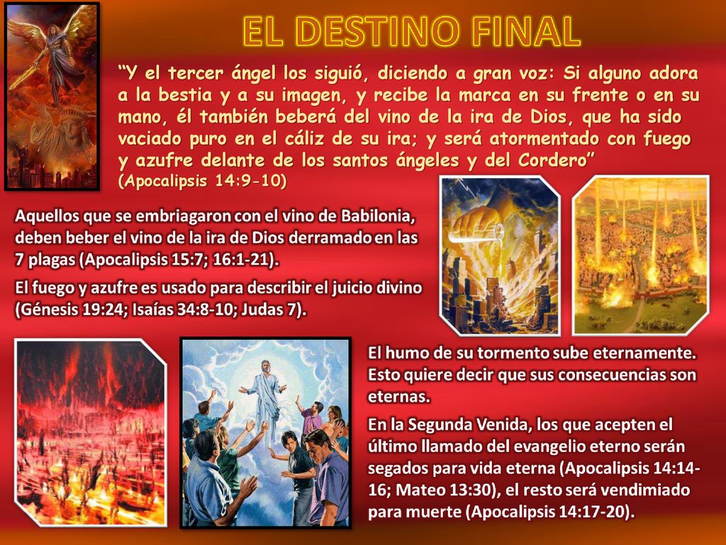 Y el tercer ángel los siguió, diciendo a gran voz: Si alguno adora a la bestia y a su imagen, y recibe la marca en su frente o en su mano, él también beberá del vino de la ira de Dios, que ha sido vaciado puro en el cáliz de su ira; y será atormentado con fuego y azufre delante de los santos ángeles y del Cordero (Apocalipsis 14:9-10)