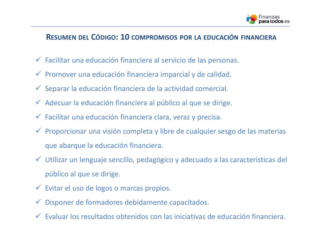 Resumen del Código: 10 compromisos por la educación financiera