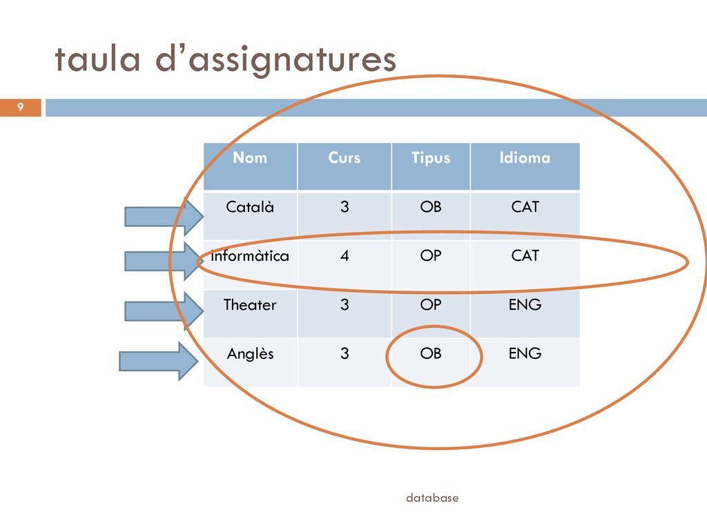 taula d’assignatures Nom Curs Tipus Idioma Català 3 OB CAT Informàtica