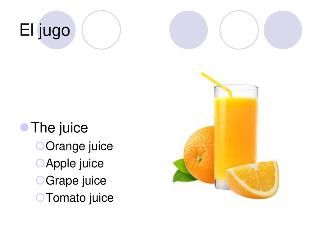 El jugo The juice Orange juice Apple juice Grape juice Tomato juice