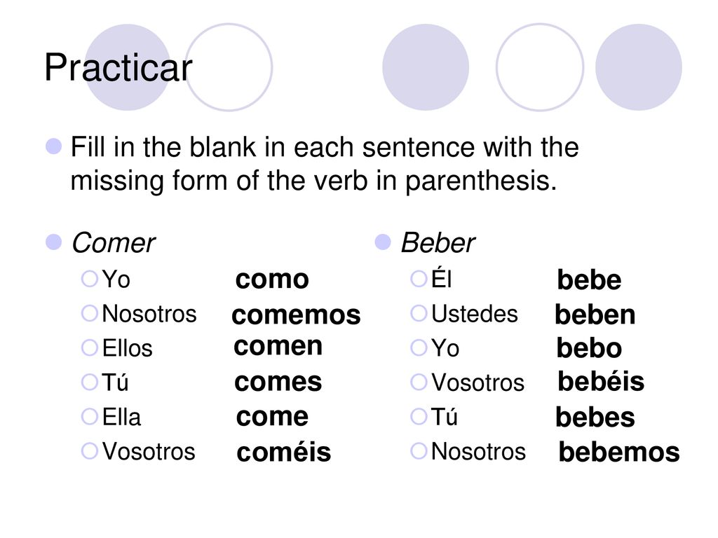 Practicar Fill in the blank in each sentence with the missing form of the verb in parenthesis. Comer.