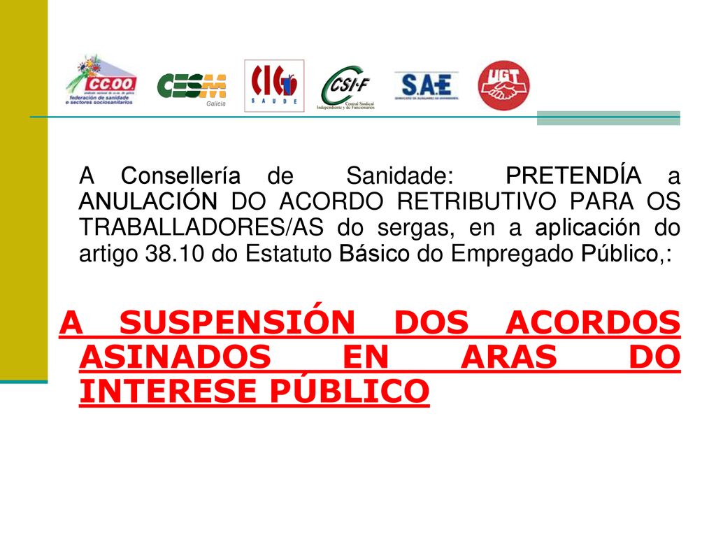 A Consellería de Sanidade: PRETENDÍA a ANULACIÓN DO ACORDO RETRIBUTIVO PARA OS TRABALLADORES/AS do sergas, en a aplicación do artigo do Estatuto Básico do Empregado Público,: