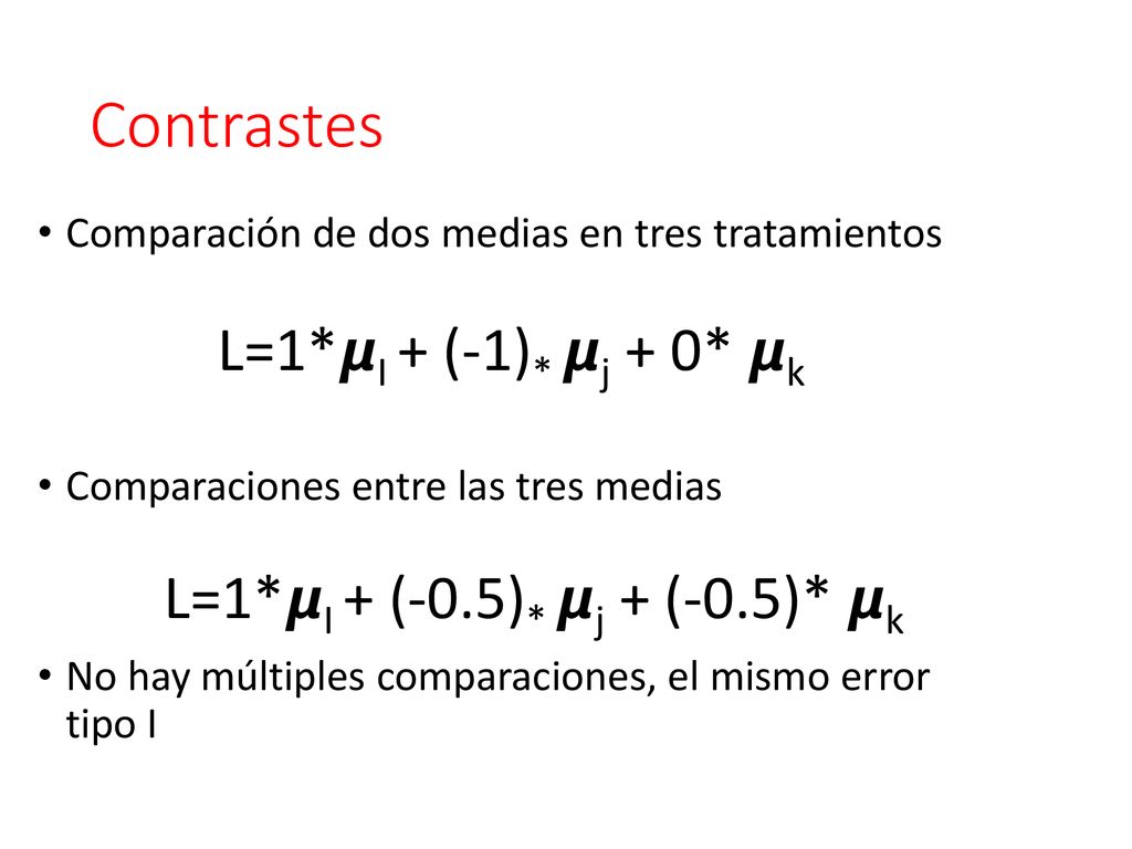 Contrastes L=1*𝞵I + (-1)* 𝞵j + 0* 𝞵k L=1*𝞵I + (-0.5)* 𝞵j + (-0.5)* 𝞵k
