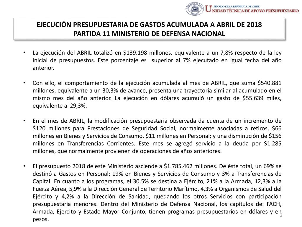 EJECUCIÓN PRESUPUESTARIA DE GASTOS ACUMULADA A ABRIL DE 2018 PARTIDA 11 MINISTERIO DE DEFENSA NACIONAL