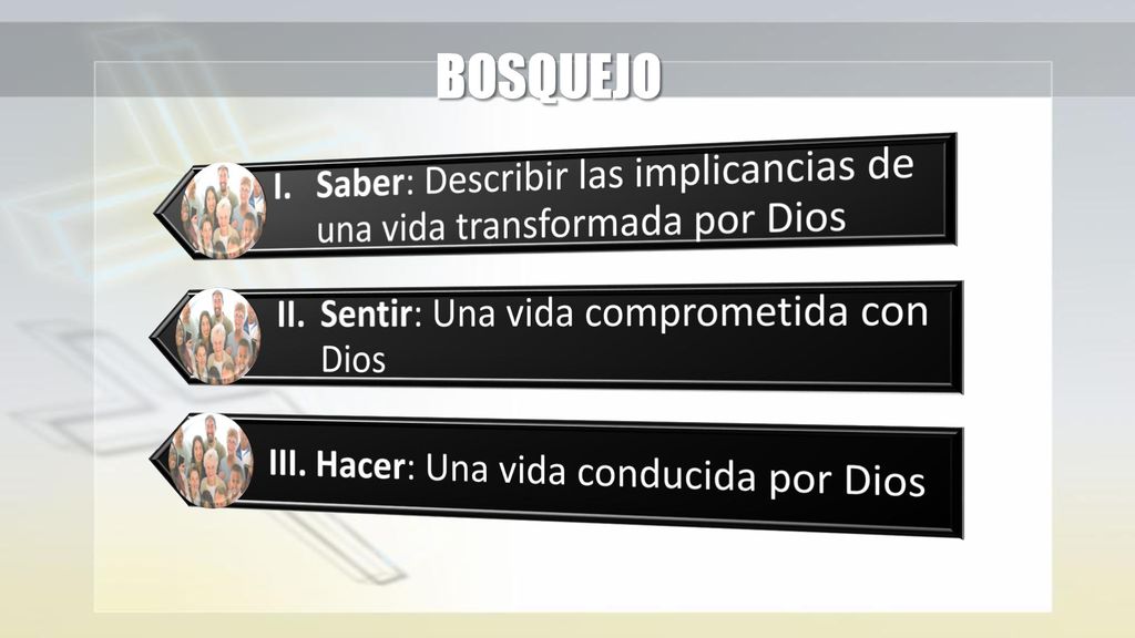 BOSQUEJO I. Saber: Describir las implicancias de una vida transformada por Dios. II. Sentir: Una vida comprometida con Dios.