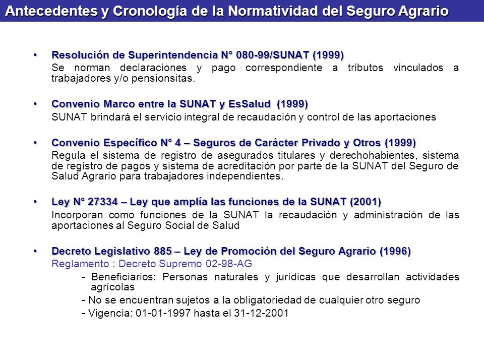 Antecedentes y Cronología de la Normatividad del Seguro Agrario