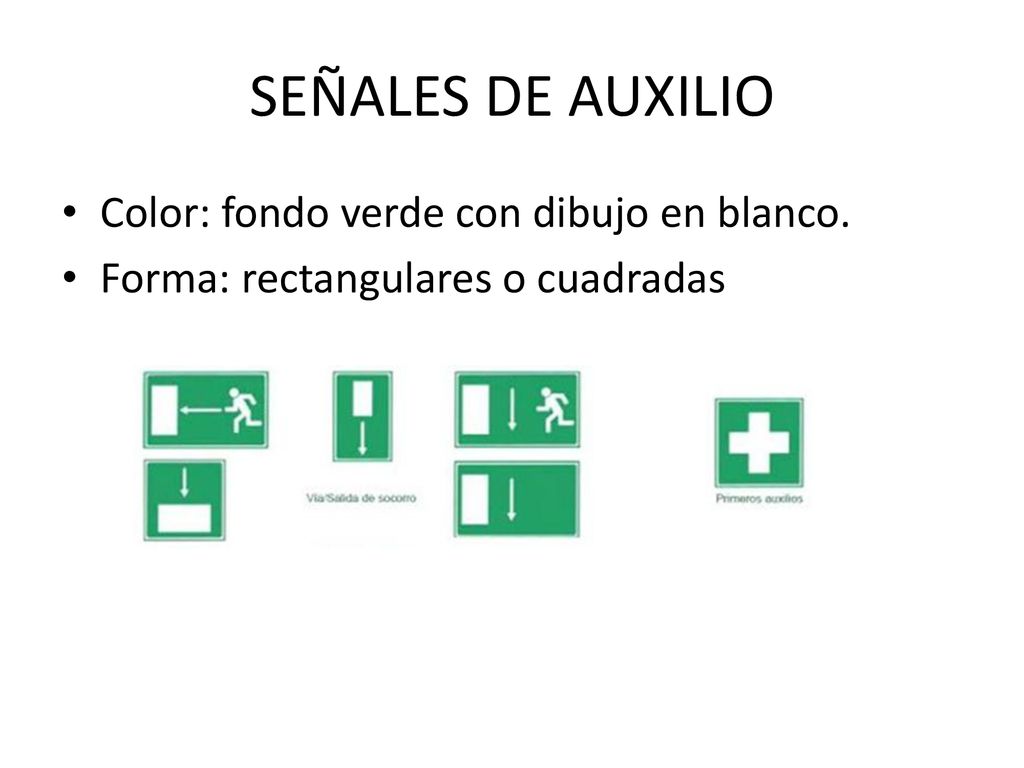 SEÑALES DE AUXILIO Color: fondo verde con dibujo en blanco.