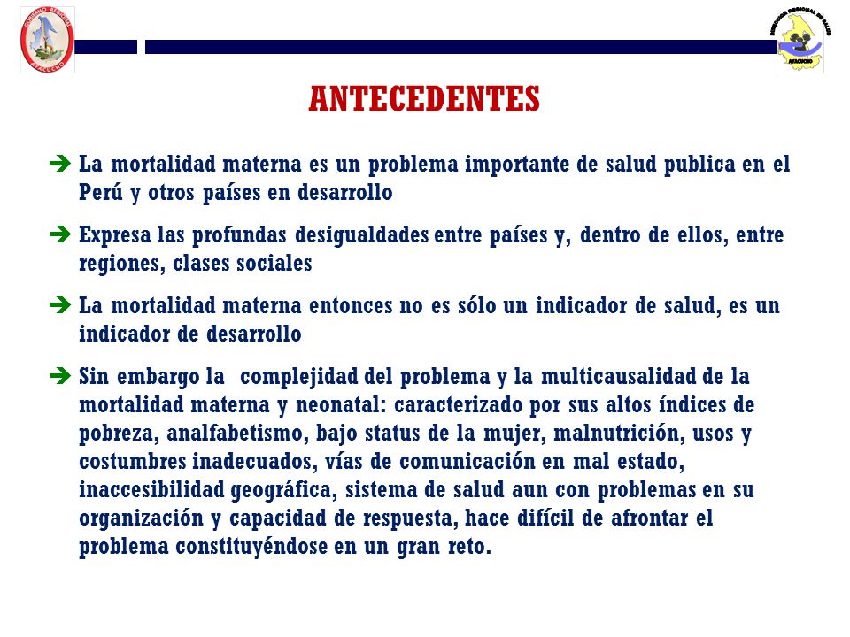 ANTECEDENTES La mortalidad materna es un problema importante de salud publica en el Perú y otros países en desarrollo.
