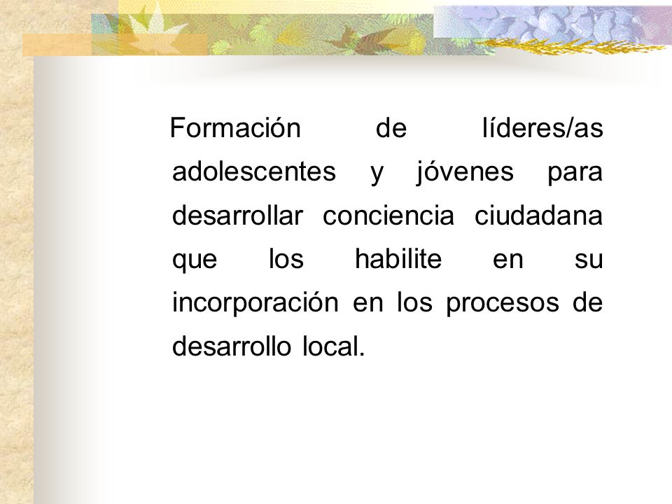 Formación de líderes/as adolescentes y jóvenes para desarrollar conciencia ciudadana que los habilite en su incorporación en los procesos de desarrollo local.