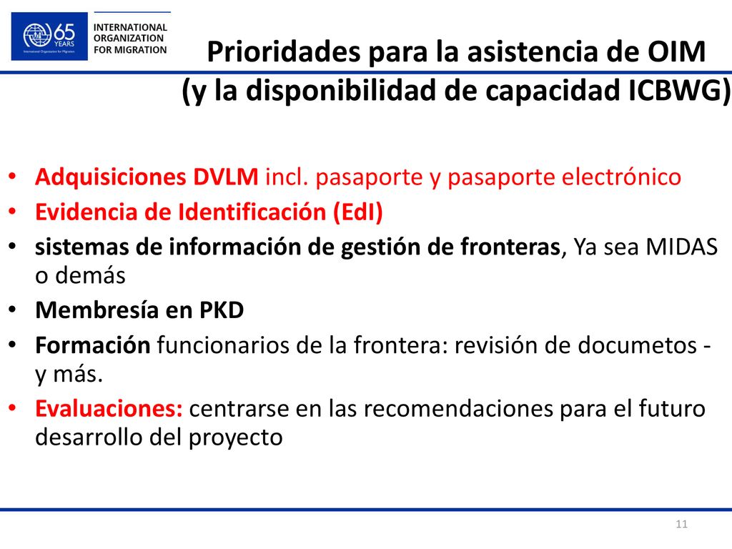 Prioridades para la asistencia de OIM (y la disponibilidad de capacidad ICBWG)