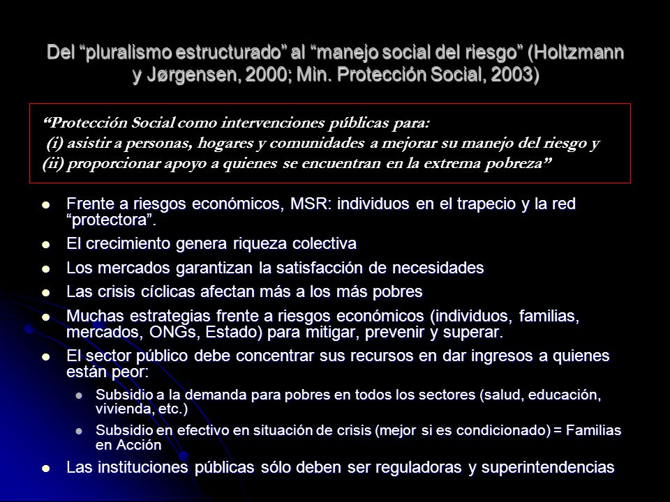 Del pluralismo estructurado al manejo social del riesgo (Holtzmann y Jørgensen, 2000; Min. Protección Social, 2003)