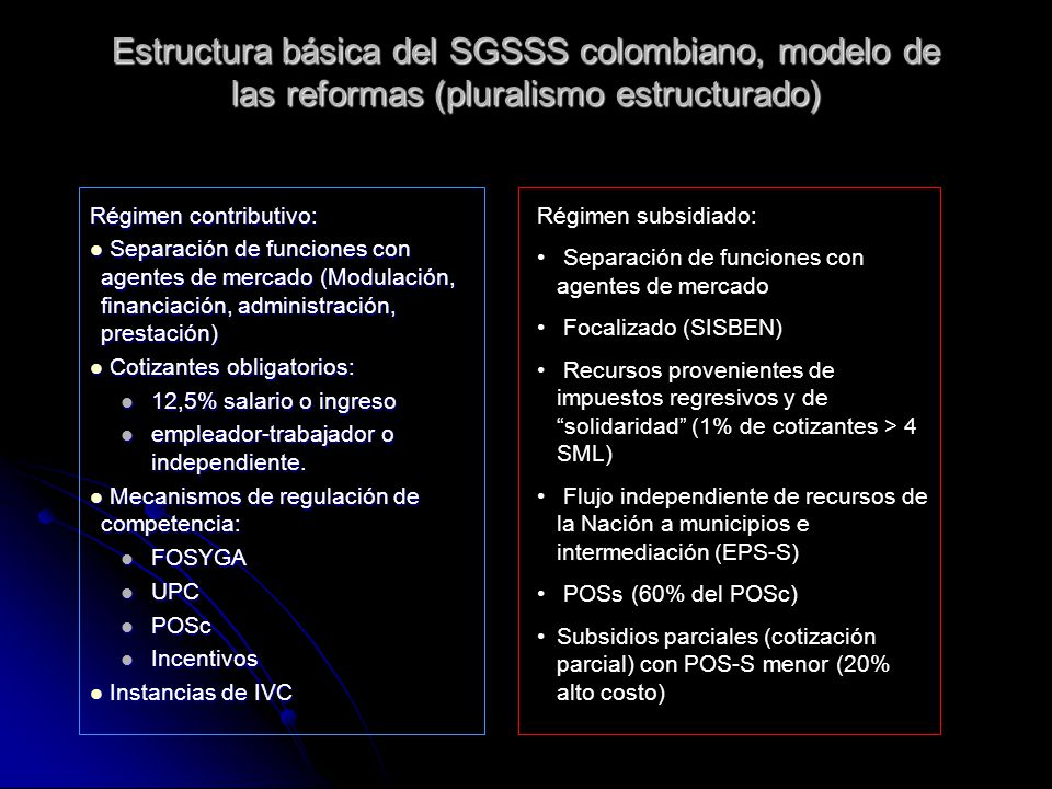 Estructura básica del SGSSS colombiano, modelo de las reformas (pluralismo estructurado)