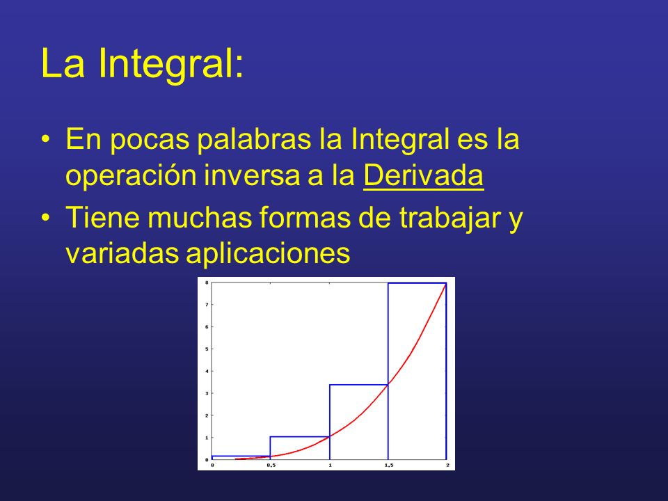 La Integral: En pocas palabras la Integral es la operación inversa a la Derivada.