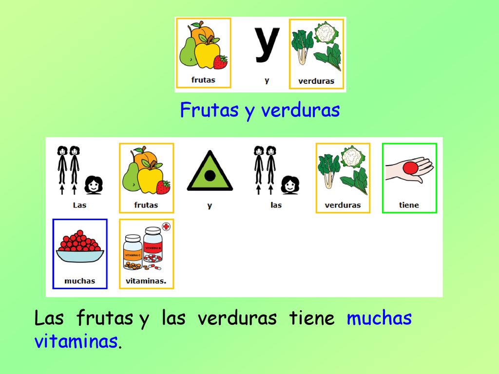 Frutas y verduras Las frutas y las verduras tiene muchas vitaminas.