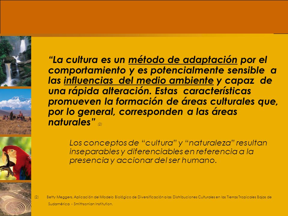 La cultura es un método de adaptación por el comportamiento y es potencialmente sensible a las influencias del medio ambiente y capaz de una rápida alteración. Estas características promueven la formación de áreas culturales que, por lo general, corresponden a las áreas naturales (2)
