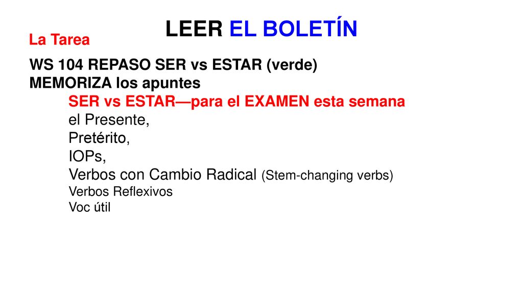 LEER EL BOLETÍN La Tarea WS 104 REPASO SER vs ESTAR (verde)