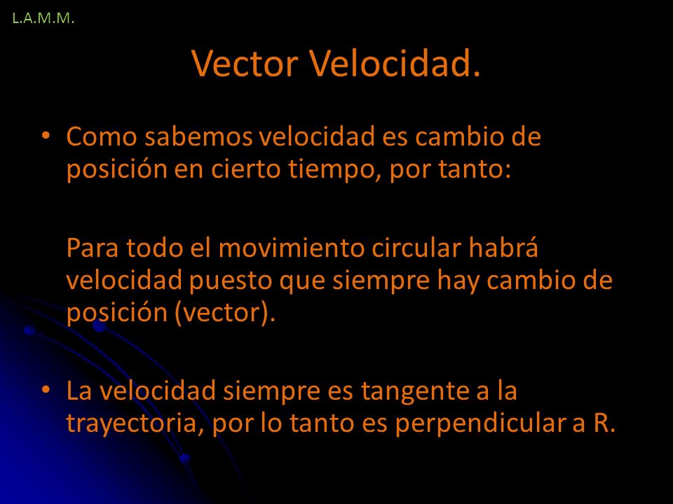 L.A.M.M. Vector Velocidad. Como sabemos velocidad es cambio de posición en cierto tiempo, por tanto: