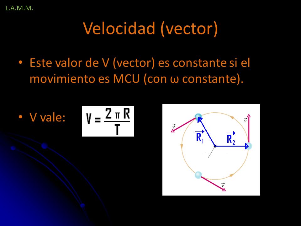 L.A.M.M. Velocidad (vector) Este valor de V (vector) es constante si el movimiento es MCU (con ω constante).