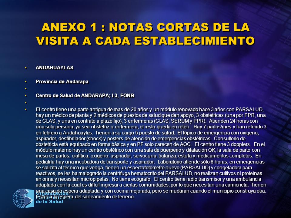 ANEXO 1 : NOTAS CORTAS DE LA VISITA A CADA ESTABLECIMIENTO