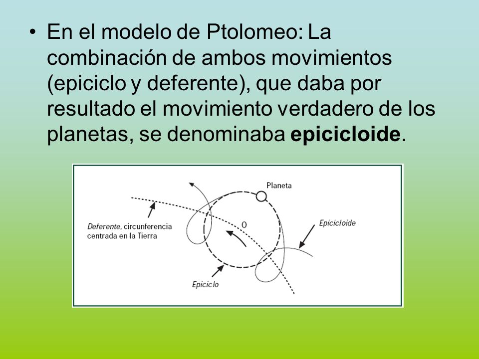 En el modelo de Ptolomeo: La combinación de ambos movimientos (epiciclo y deferente), que daba por resultado el movimiento verdadero de los planetas, se denominaba epicicloide.