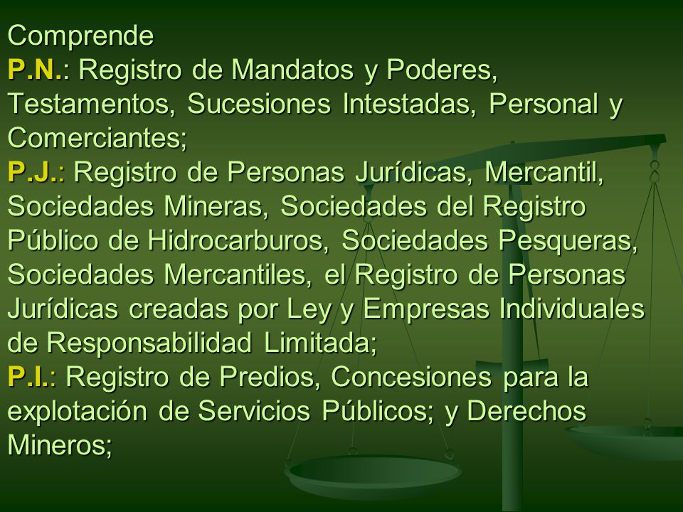 Comprende P.N.: Registro de Mandatos y Poderes, Testamentos, Sucesiones Intestadas, Personal y Comerciantes; P.J.: Registro de Personas Jurídicas, Mercantil, Sociedades Mineras, Sociedades del Registro Público de Hidrocarburos, Sociedades Pesqueras, Sociedades Mercantiles, el Registro de Personas Jurídicas creadas por Ley y Empresas Individuales de Responsabilidad Limitada; P.I.: Registro de Predios, Concesiones para la explotación de Servicios Públicos; y Derechos Mineros;
