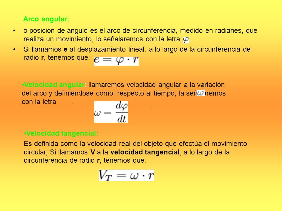Arco angular: o posición de ángulo es el arco de circunferencia, medido en radianes, que realiza un movimiento, lo señalaremos con la letra: .