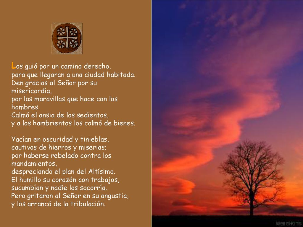 Los guió por un camino derecho, para que llegaran a una ciudad habitada. Den gracias al Señor por su misericordia, por las maravillas que hace con los hombres. Calmó el ansia de los sedientos, y a los hambrientos los colmó de bienes.