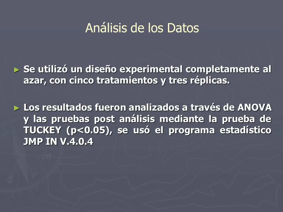 Análisis de los Datos Se utilizó un diseño experimental completamente al azar, con cinco tratamientos y tres réplicas.
