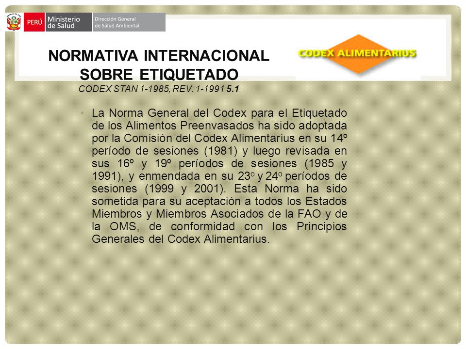 NORMATIVA INTERNACIONAL SOBRE ETIQUETADO CODEX STAN , Rev