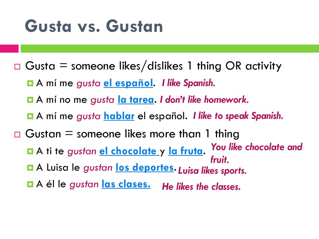 Gusta vs. Gustan Gusta = someone likes/dislikes 1 thing OR activity