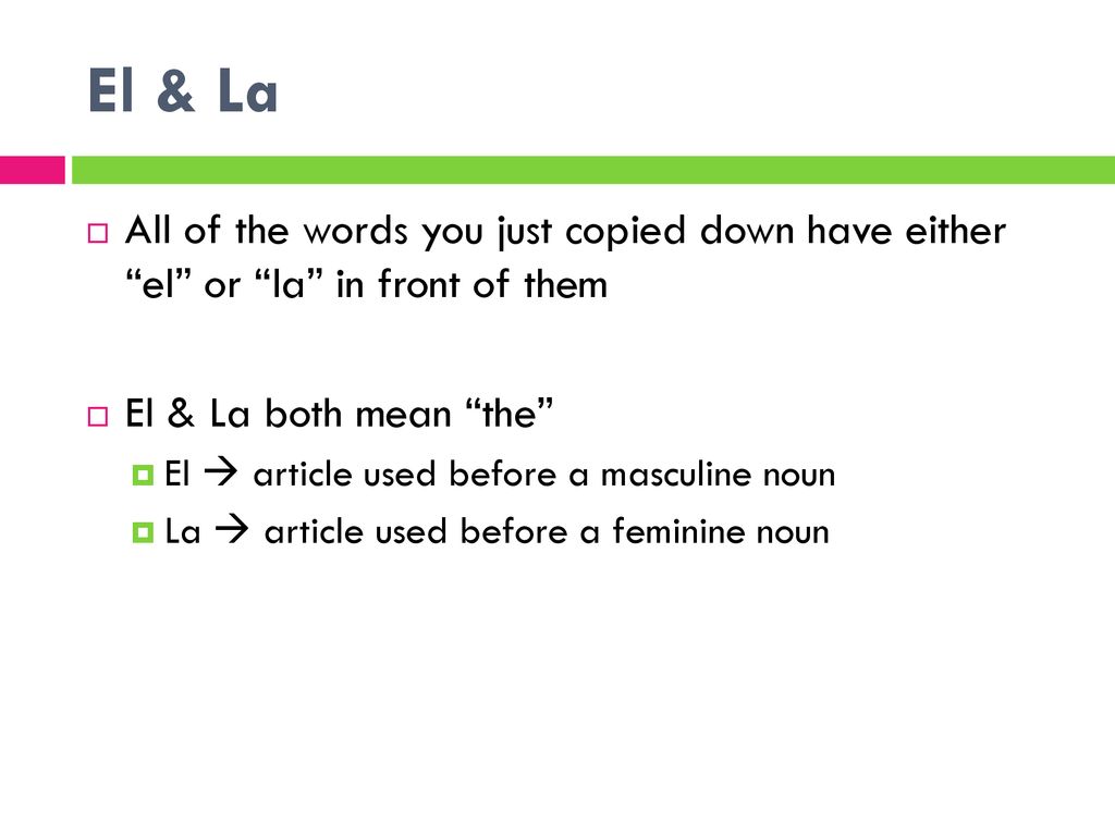 El & La All of the words you just copied down have either el or la in front of them. El & La both mean the