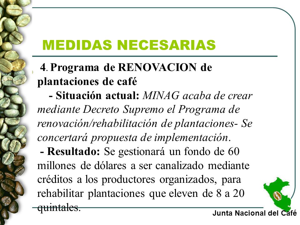 MEDIDAS NECESARIAS 4. Programa de RENOVACION de plantaciones de café