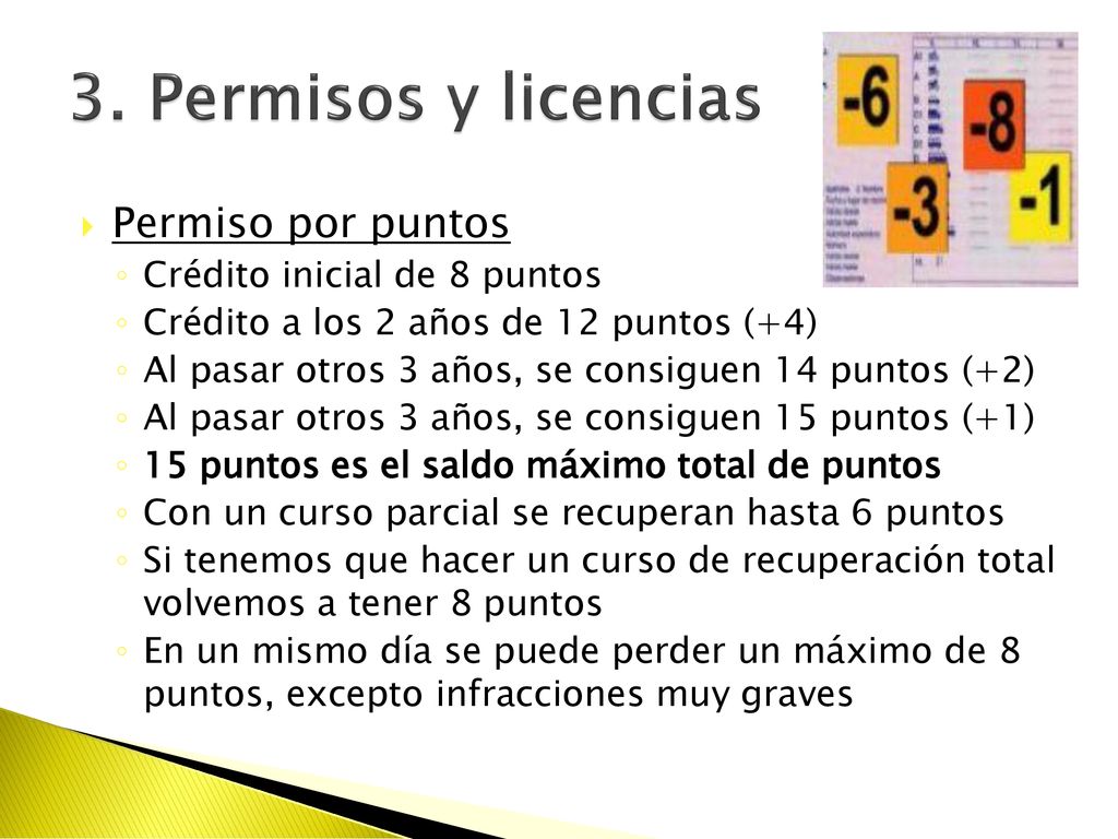 3. Permisos y licencias Permiso por puntos Crédito inicial de 8 puntos